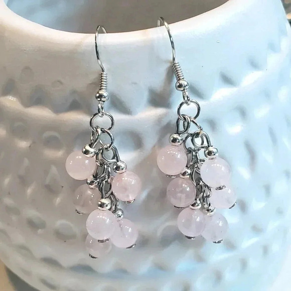 Artisan Rose Quartz Pink Gemstone Bead Dangle Silver Platinum Plated Earrings - Picture 1 of 10